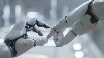 Fototapete - White cyborg finger about to touch human finger 