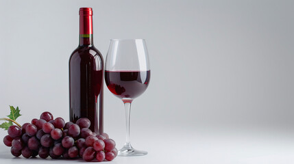 Glass of wine, bottle and grapes on white studio background