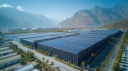 Poster - A factory halls in an industrial area of a city, solar plant of crystalline photovoltaic modules on the roof, in background mountains on a bright day. Aerial high view. Generative AI.