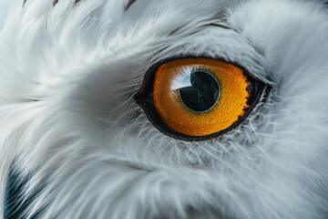 Wall Mural - Snowy owl staring with intense orange eyes and white feathers