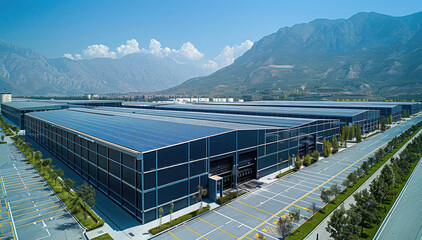 Poster - A factory halls in an industrial area of a city, solar plant of crystalline photovoltaic modules on the roof, in background mountains on a bright day. Aerial high view. Generative AI.
