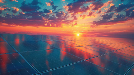 Poster - Clean clean energy concept with photovoltaic panels on sunset sky background. Generative AI.