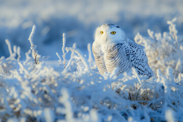 Wall Mural - Snowy owl resting in frozen winter landscape