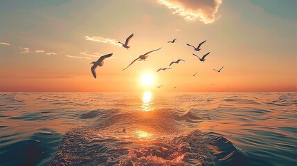 Wall Mural - In the morning, a round of sun rises on a calm sea surface, and a group of seagulls fly freely in the sea. Generative AI.