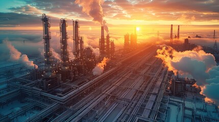 Poster - Industrial complex with pipes in daylight near sunrise on backdrop of cloudy sky. Generative AI.