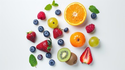 Wall Mural - Top view of assorted fresh fruits and juicy berries captured in a minimalist style on white
