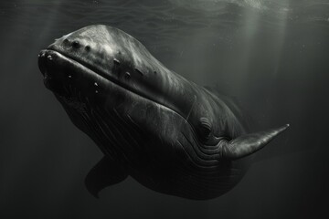 Â¾ side view of sperm whale swimming toward camera. big nose and sleepy eye