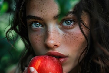 Wall Mural - portrait of Eve biting the apple, her eyes wide with a mix of curiosity and temptation. ai generative