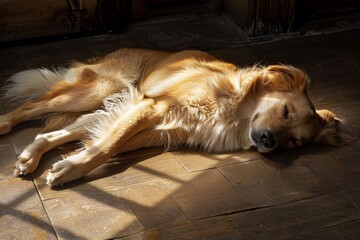 Wall Mural - A dog is laying on the floor in the sun