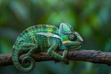 Wall Mural - A green chameleon is resting on a branch