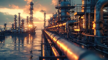 Fototapete - Oil and gas at factory. Industry pipeline transport petrochemical, gas and oil processing. Generative AI.