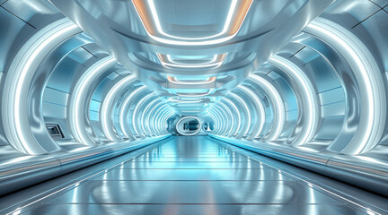 Poster - 3D scene modeling booth technology, futuristic design, metallic texture, cool color tone, indoor exhibition hall, long exposure. Generative AI.