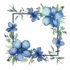 Wall Mural - Watercolor floral frame with blue flowers and greenery on a white background. Thin picture frame decorated with blue flower. Elegant botany concept for wedding stationery and design template. AIG35.