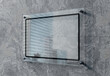 © sdecoret - Transparent glass sign plate on wall mockup. Template of a blank plastic business signboard on marble texture. 3D rendering