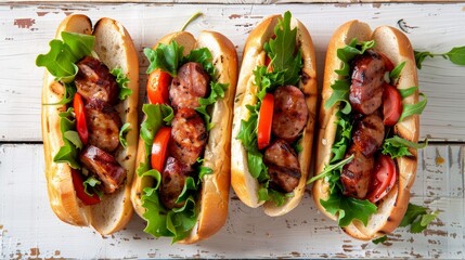 Wall Mural - Savory sandwiches with juicy sausage, fresh tomato, and crisp lettuce rest on a white wood table. Captured from above, showcasing the vibrant ingredients.