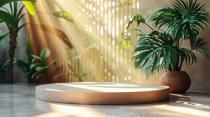 Poster - Marble platform with potted tropical plants in a sunny room with large windows.