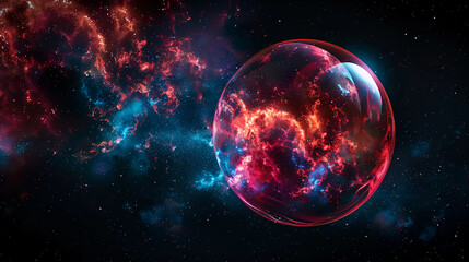 Wall Mural - 3d spectacular cosmic cloud explosion within transparent sphere with red background. nebula and star
