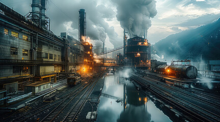 Poster - Nuclear factories, nighttime nuclear factories, magnificent buildings. Generative AI.