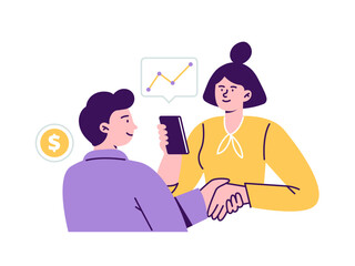 Fototapete - A business owner and an online influencer agree on cooperation. Affiliate marketing marketing and promotion. Trendy vector flat illustration isolated on a white background.