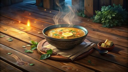 Delicious homemade soup served in a rustic bowl on a wooden table , food, cooking, meal, savory, healthy, bowl, wooden, table, homemade, comfort, warm, tasty, vegetable, broth, spoon