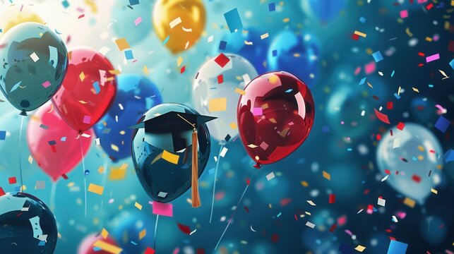 Balloons with congratulatory messages and school symbols float in the air with confetti falling, celebrating a graduation party. Generative AI