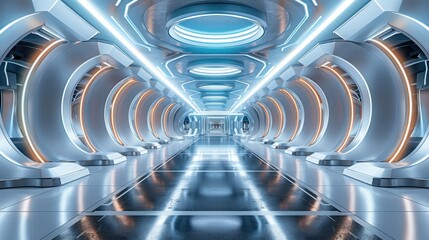 Poster - 3D scene modeling booth technology, futuristic design, metallic texture, cool color tone, indoor exhibition hall, long exposure. Generative AI.