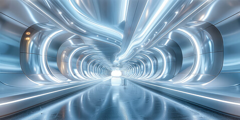 Poster - 3D scene modeling booth technology, futuristic design, metallic texture, cool color tone, indoor exhibition hall, long exposure. Generative AI.