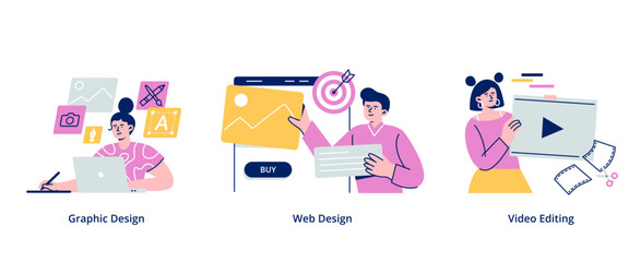 Fototapete - Concepts with designers. Graphic design, web, and motion design. Trendy vector flat illustrations isolated on a white background.