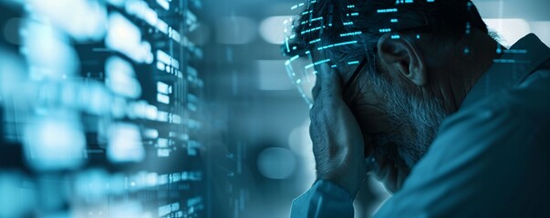 Poster - in a dimly lit, futuristic setting, a businessman holds his head in frustration while a holographic 
