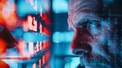 Poster - a futuristic businessman in a sleek, modern office looks stressed as he stares at a holographic bank