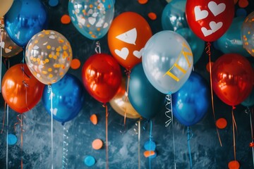 Poster - A close-up shot of colorful balloons with congratulatory messages and school symbols against a blue backdrop, capturing the celebratory mood of a graduation party. Generative AI