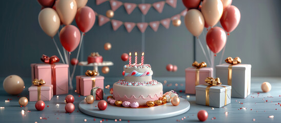 Poster - 3D rendering of a birthday party with balloons, cake, and gifts on a circle-shaped table. Generative AI.