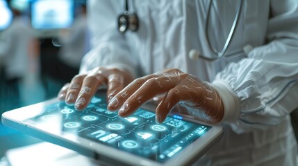 Sticker - The hands of a healthcare professional engaged with AI technology on a digital tablet. Surround the scene with futuristic medical data. Generative AI.