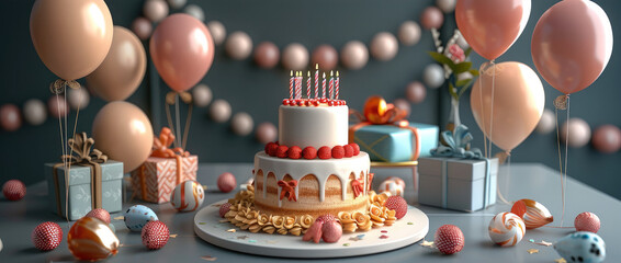 Poster - 3D rendering of a birthday party with balloons, cake, and gifts on a circle-shaped table. Generative AI.