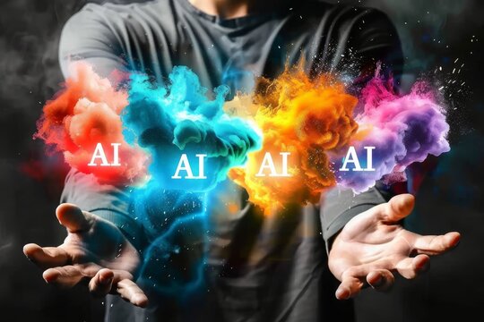 Hands holding colorful AI symbols in a dynamic cloud, symbolizing creativity, innovation, and the power of artificial intelligence in a visually striking manner