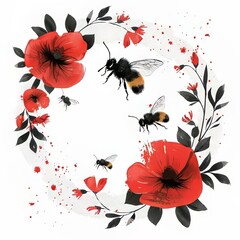 Wall Mural - poppy flower and bee isolated on white