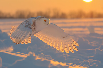 Wall Mural - Snowy owl flying over snowy field at sunset