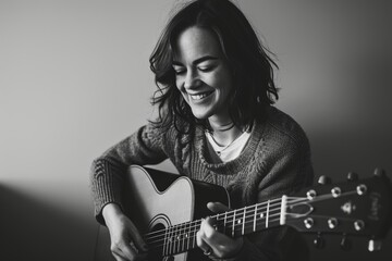Wall Mural - Portrait of a smiling woman in her 30s playing the guitar in bare monochromatic room