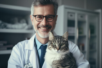 Wall Mural - Photo of male veterinarian is examining a dog in animal hospital clinic made with generative AI