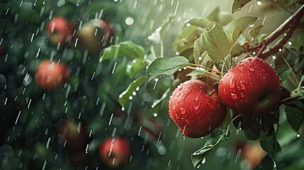 Wall Mural - Red Apple Orchard on a Sunny Day with Summer Rain