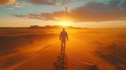 Aerial view of a man walking in the desert at dawn, no clouds. Generative AI.