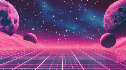 Wall Mural - 3d abstract futuristic retro 80s 90s wireframe VJ HI-FI pink purple grid in black blue cosmos space. Planets moon alien on background. Music disco party 