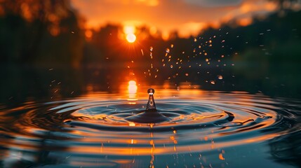 Poster - Serene Water Drop Splash in Tranquil Sunset Pond with Spreading Ripples