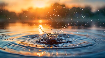 Poster - Serene Water Drop Splash at Sunset with Rippling Reflections