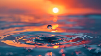 Sticker - Captivating Water Drop Reflecting the Breathtaking Sunrise Over the Serene Ocean