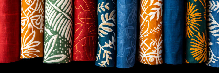 Wall Mural - Detailed batik patterns showcased on vibrantly dyed textile backgrounds 