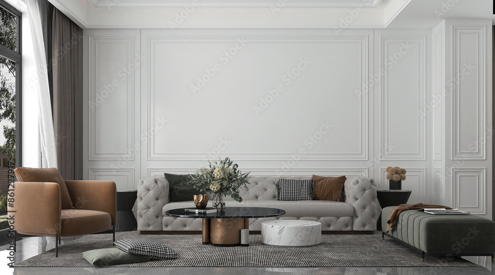 Modern luxury living room and white wall texture background interior ...