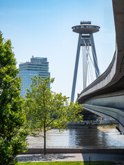 The SNP bridge with the well-known UFO observation tower is a dominant feature of the city of Bratislava.