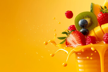 Canvas Print - Fresh fruit plunge creating juice splash, background with empty space for text 