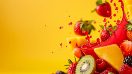 Canvas Print - Fresh fruit plunge creating juice splash, background with empty space for text 